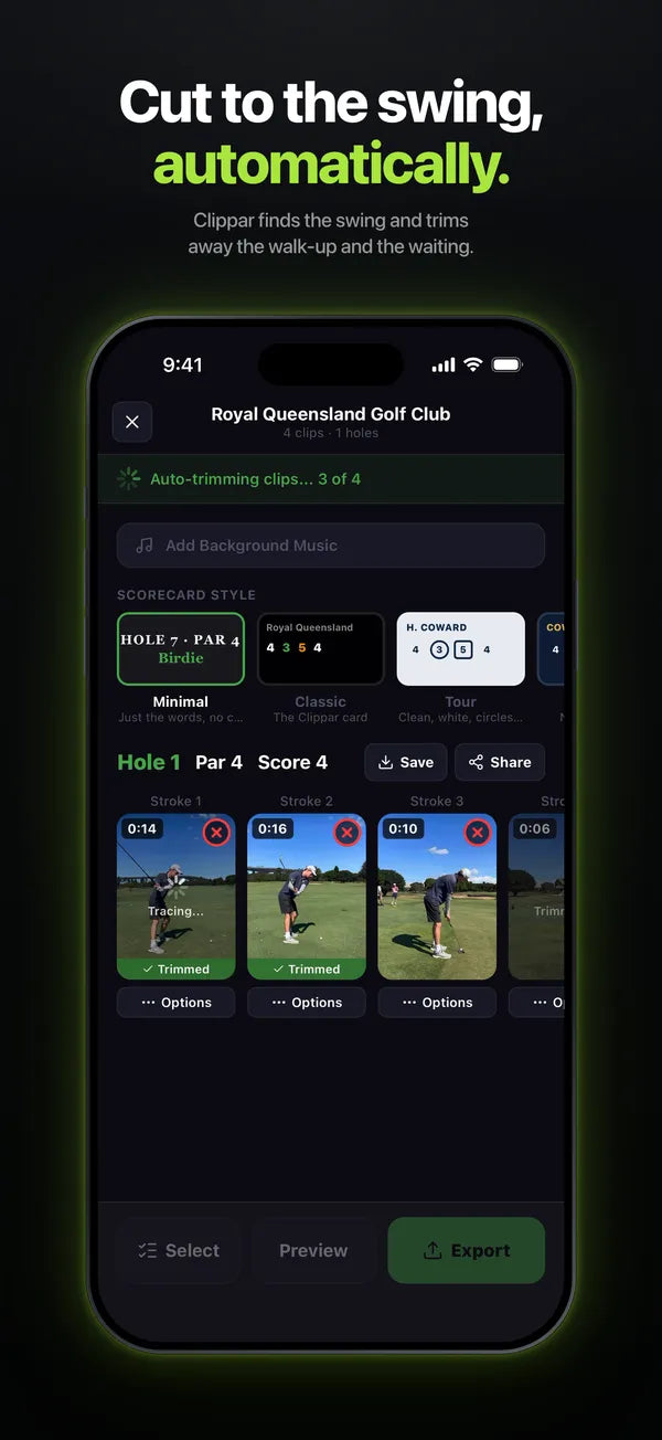 App Store screenshot: Cut to the swing, automatically. The round editor auto-trimming a hole of clips.