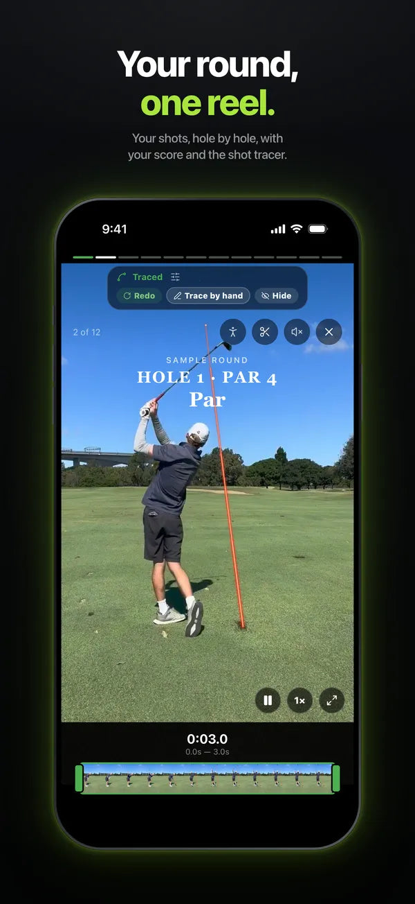 App Store screenshot: Your round, one reel. A traced drive with Hole 1 Par 4 on screen.