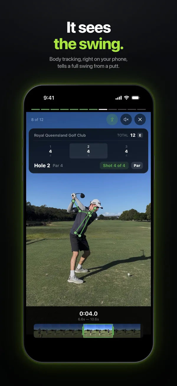 App Store screenshot: It sees the swing. Body tracking on a golfer mid-swing.