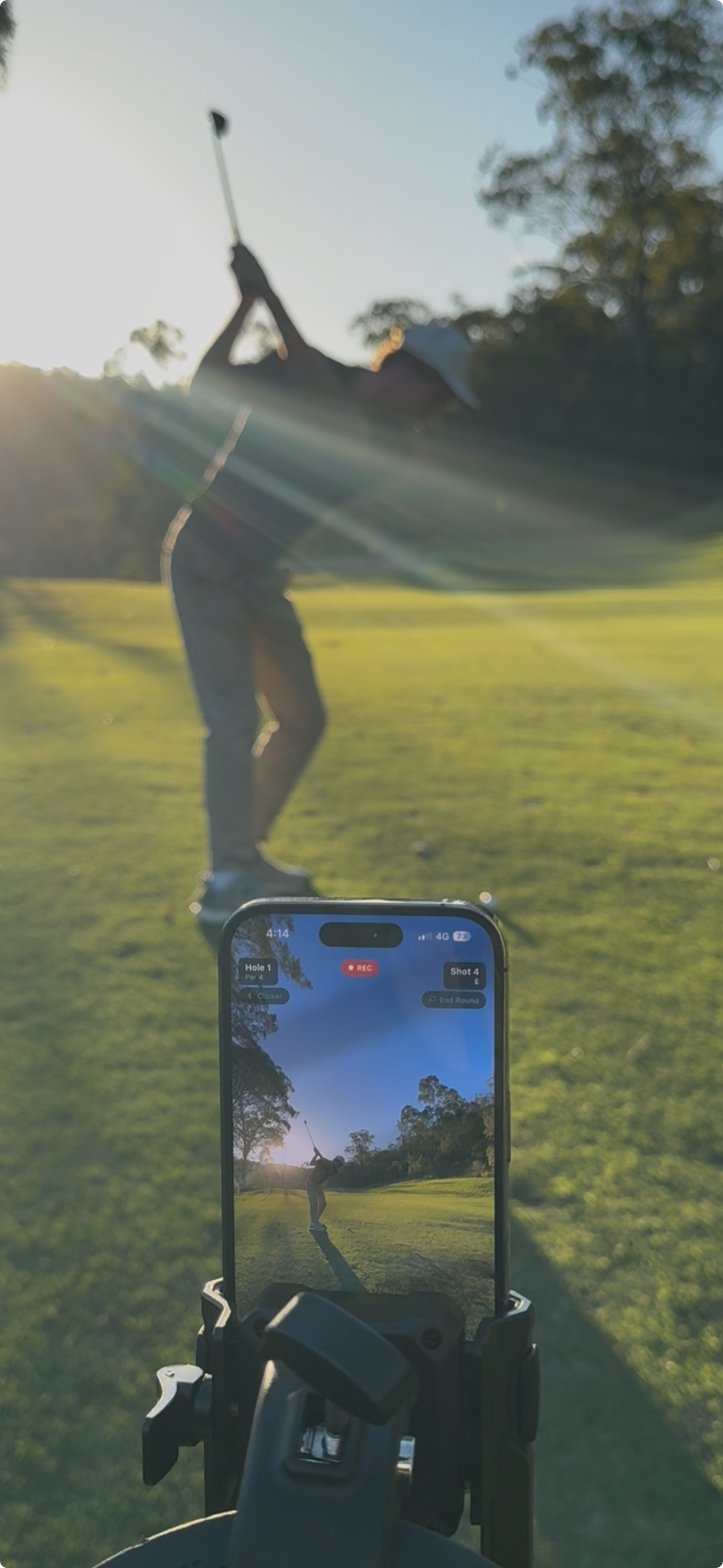 Clippar recording a golfer from a phone mounted on a buggy rail