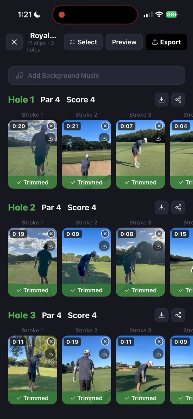 Clippar's reel editor showing twelve trimmed golf clips arranged by hole