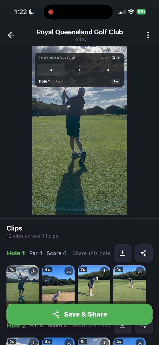 A finished Clippar reel playing with the round's scorecard overlaid