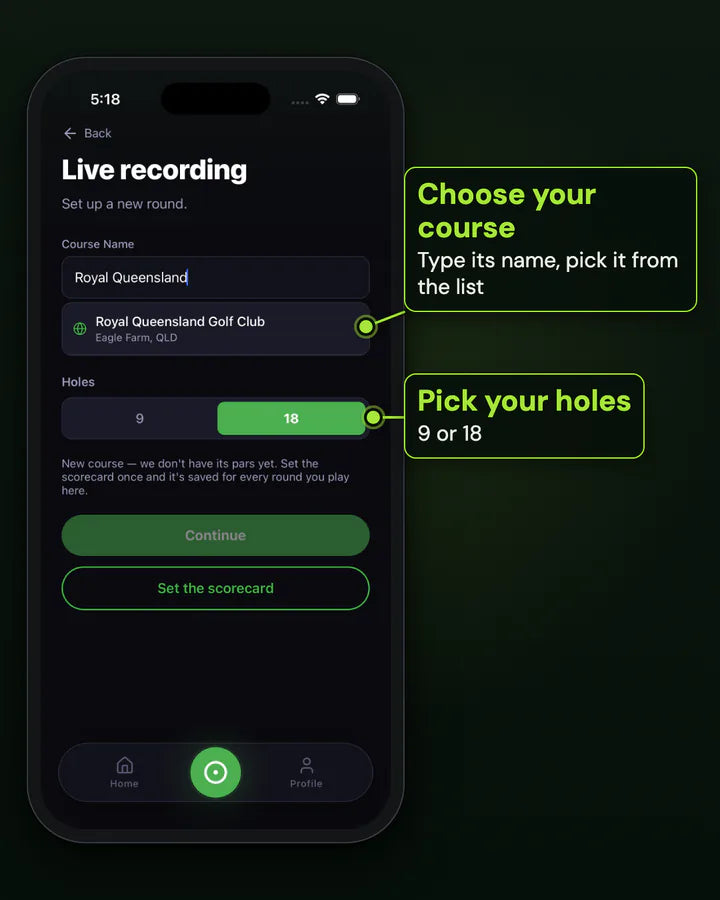 The Clippar live-recording setup: a course name typed in, Royal Queensland Golf Club picked from the search results, and the Holes toggle with 9 and 18