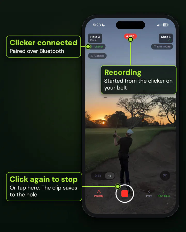 The Clippar record screen while recording a bunker shot: Hole 3 Par 4, REC, Shot 5, Clicker connected, the stop button