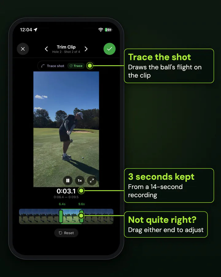 The Clippar Trim Clip screen: a 3.1 second clip kept from a 14.4 second recording, with the trim handles on the timeline