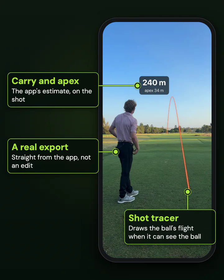 A real Clippar tracer export: a driver with the ball's flight drawn as a red arc and a 240 m, apex 34 m label