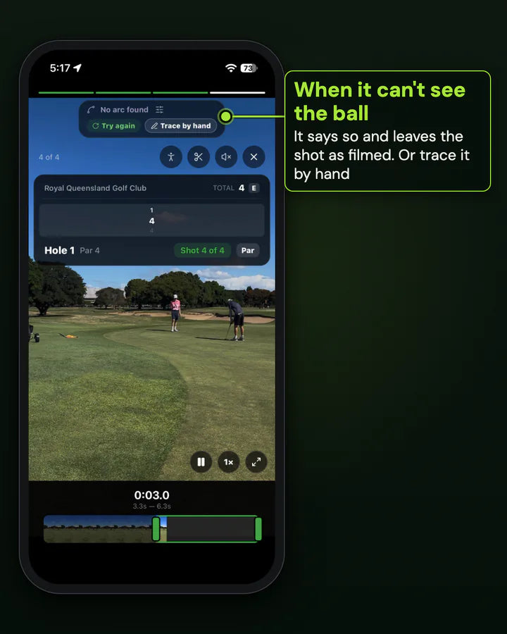 The Clippar Trim Clip screen saying No arc found, with Try again and Trace by hand buttons, the scorecard overlay on the clip