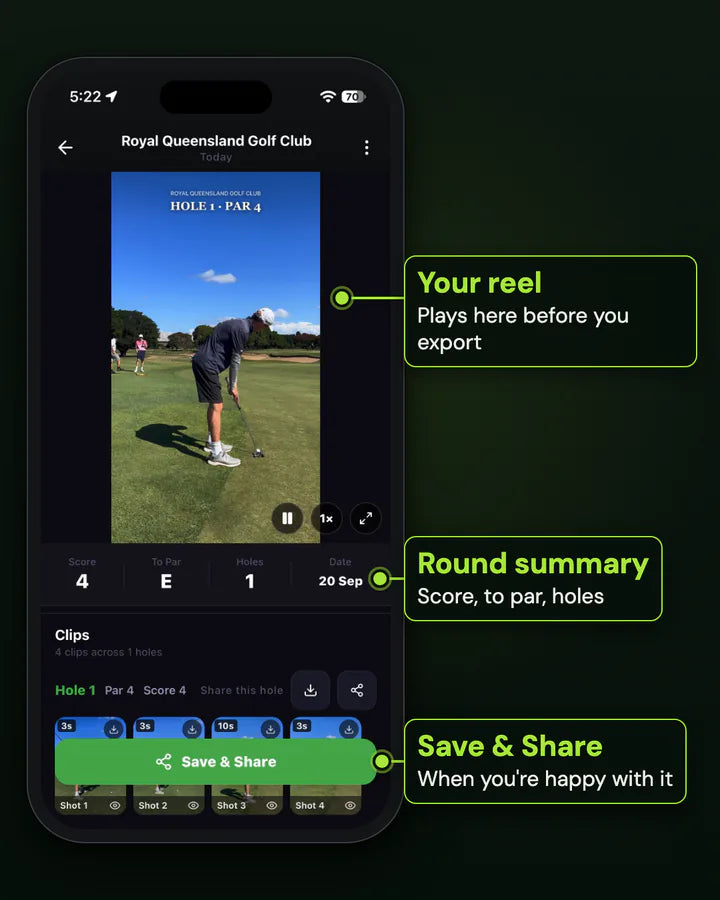 The Clippar round page playing the round's reel with a Hole 1 Par 4 scorecard, the score summary and Save and Share