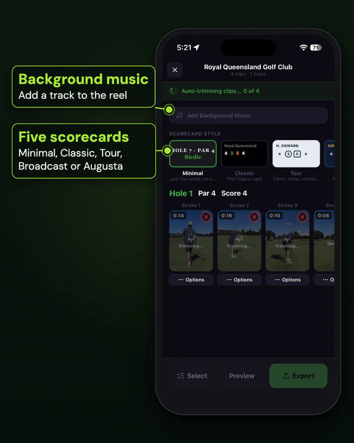 The Clippar round editor's scorecard style picker, Minimal, Classic and Tour, and Add Background Music