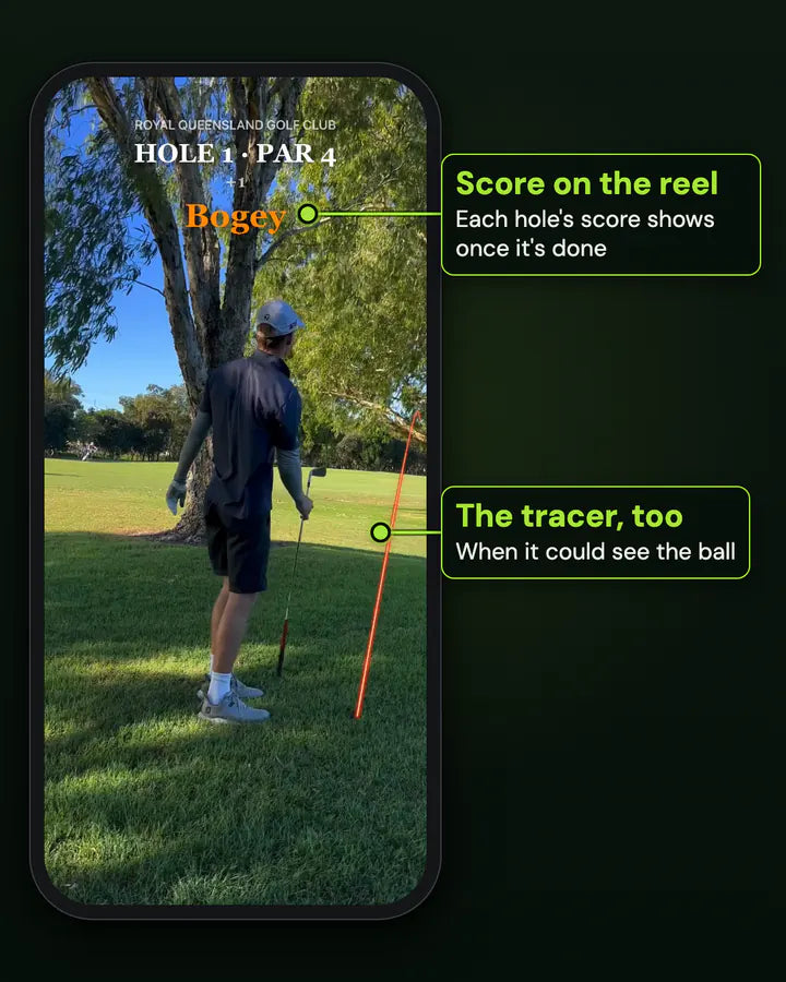 A real exported Clippar reel: Royal Queensland Golf Club, Hole 1 Par 4, Bogey, with the tracer on the shot