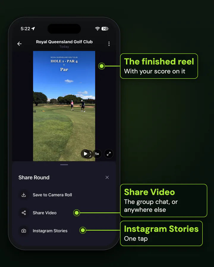 The Clippar Share Round sheet: Save to Camera Roll, Share Video, Instagram Stories