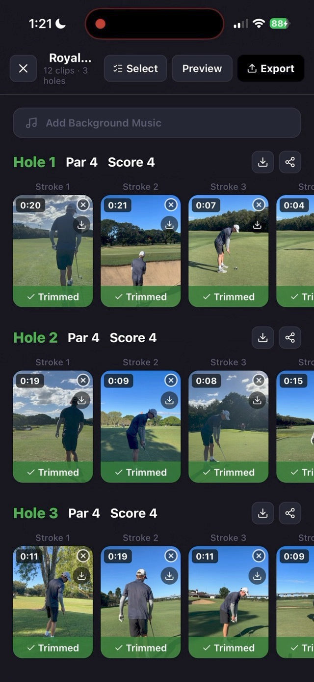 Clippar's reel editor with twelve trimmed clips arranged by hole