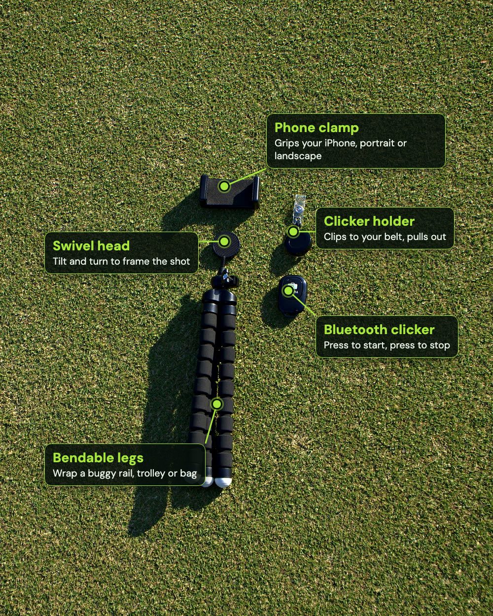 The Clippar kit laid out on grass, labelled: phone clamp, swivel head, bendable legs, badge reel and Bluetooth clicker