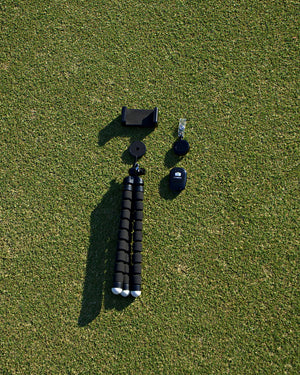 The Clippar golf recording kit: phone holder, Bluetooth clicker, badge reel and power bank