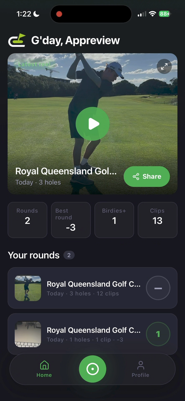 Clippar home screen showing the latest round's reel and round statistics